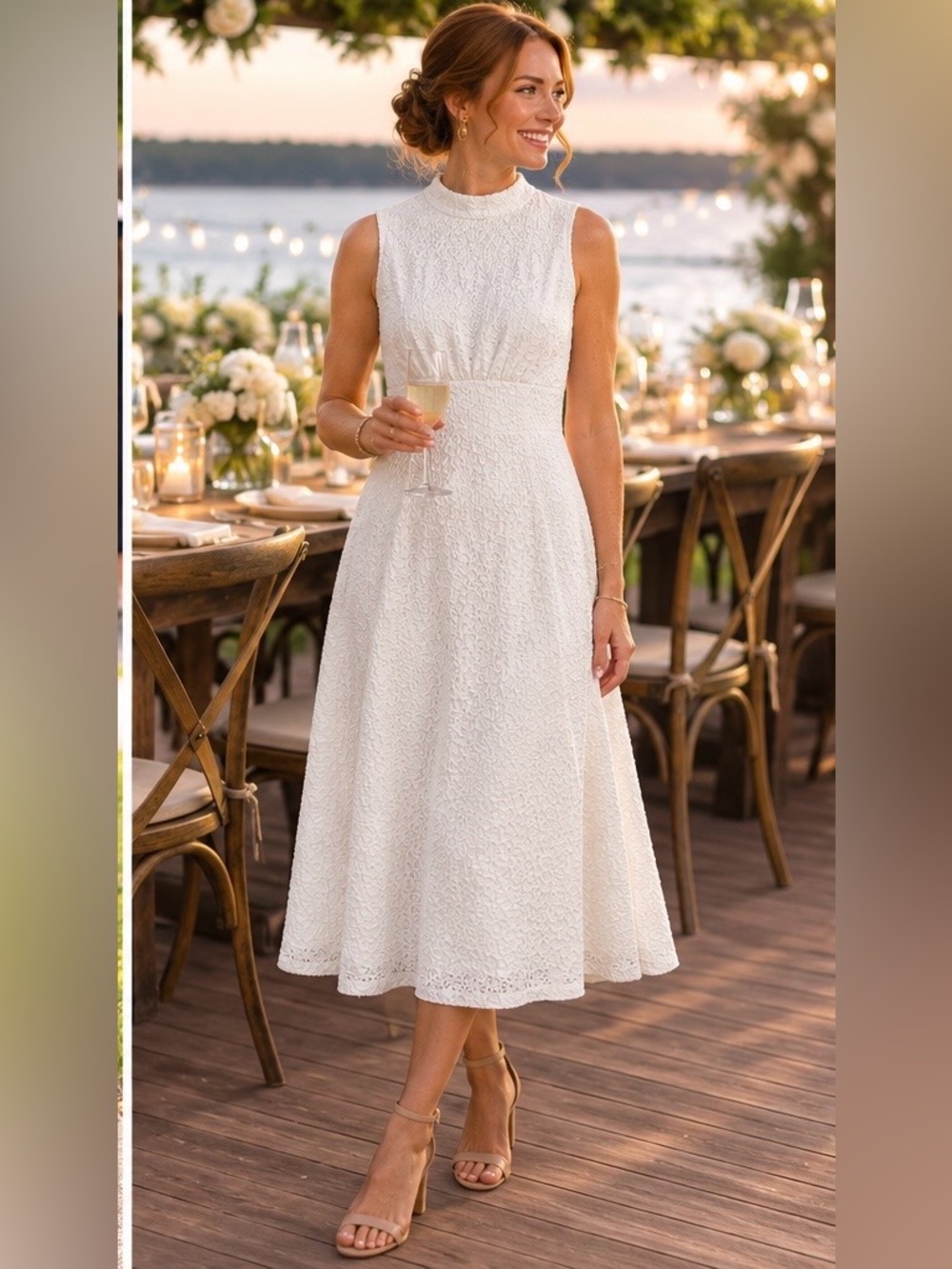 Calvin Klein White Textured Fit & Flare Midi Dress Size 12 Mock Neck